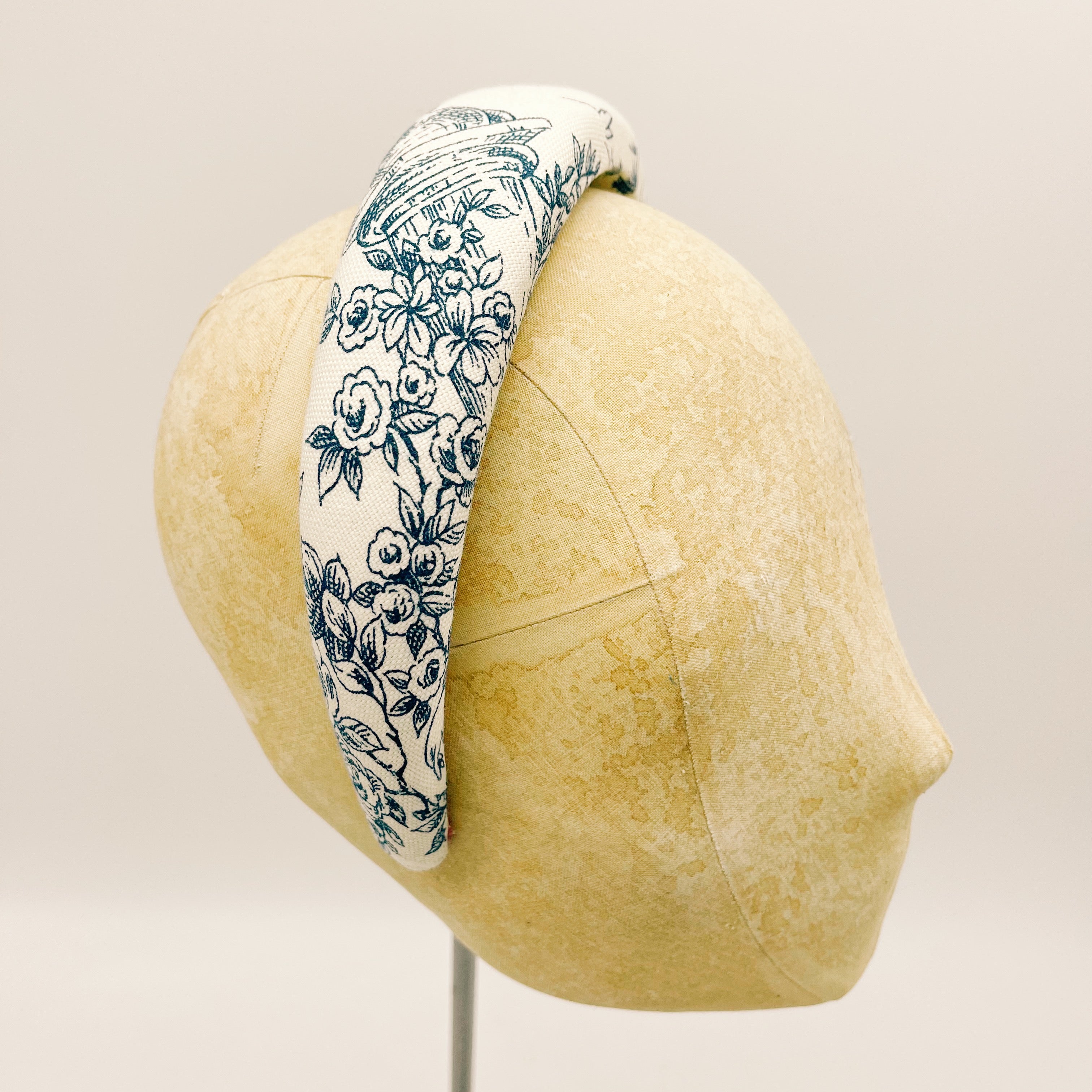 Headband Velvet Toile de Jouy Blue Padded